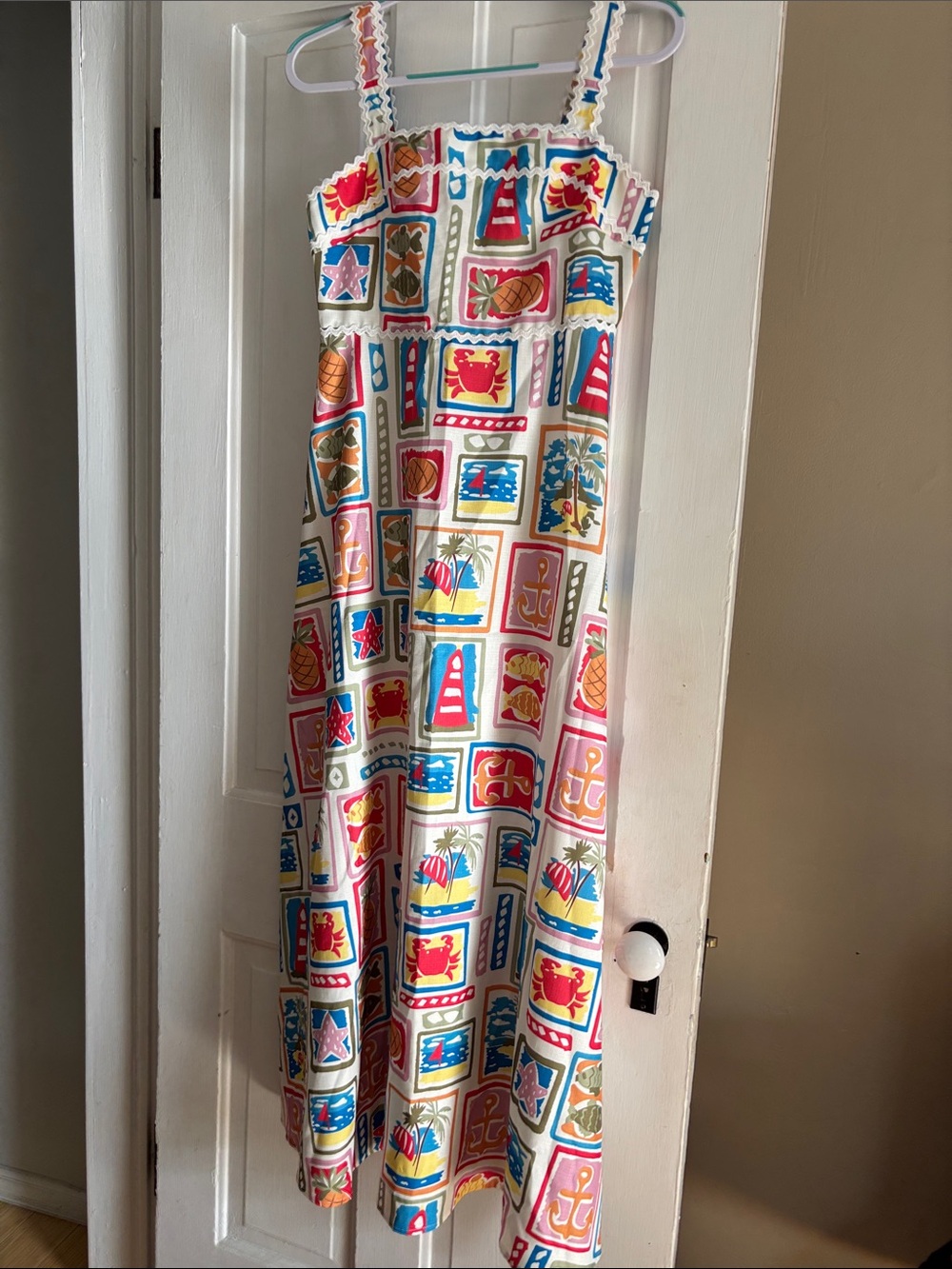 Commense White Maxi Sundress with Multicolor Nautical Patch Print
